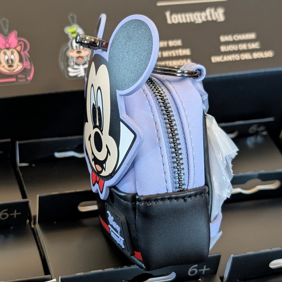 Loungefly Disney mini backpack bag charm featuring Vampire Mickey Mouse with working zipper and detailed costume design.