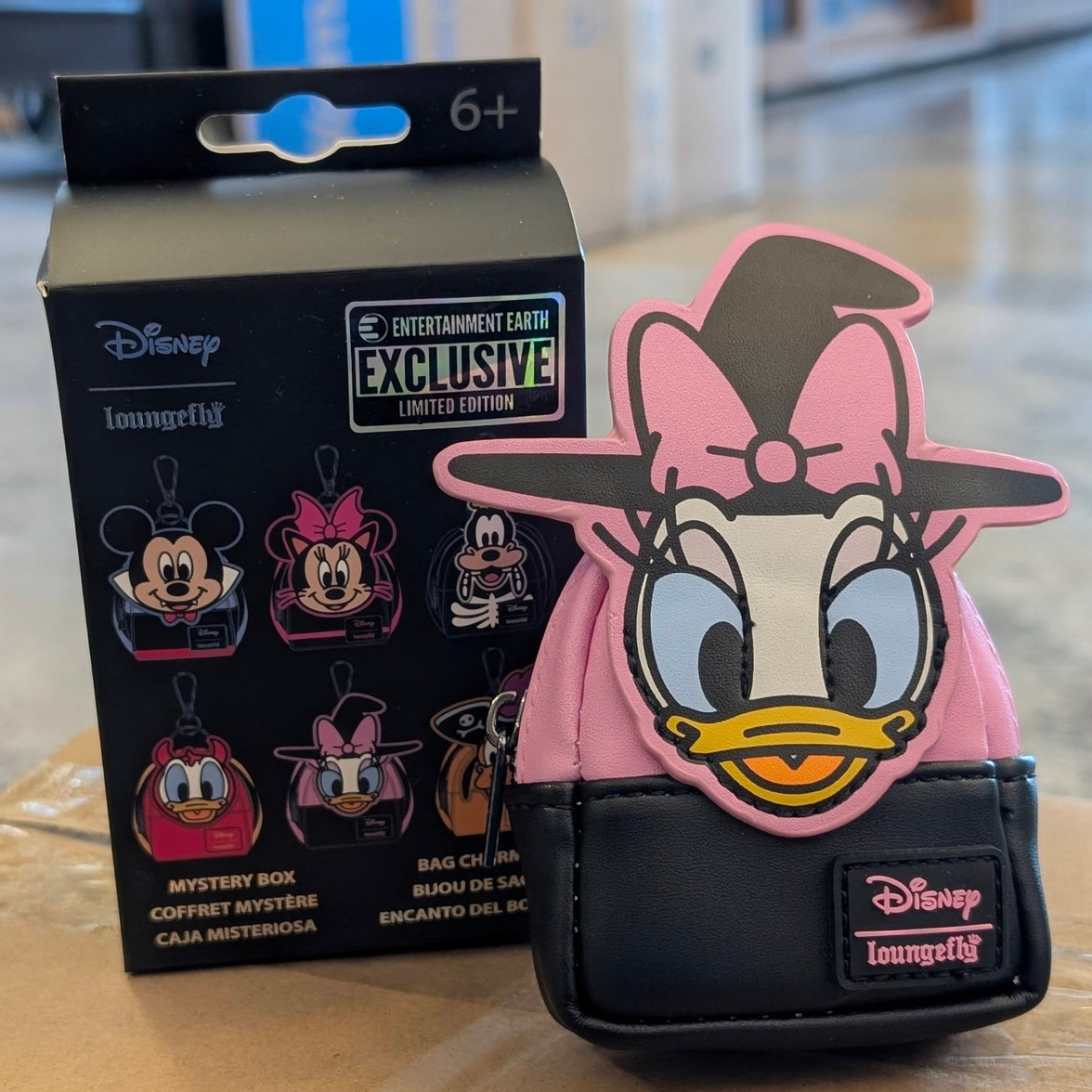 Disney Loungefly mini backpack bag charm featuring Witch Daisy Duck with hat and bow in Halloween style