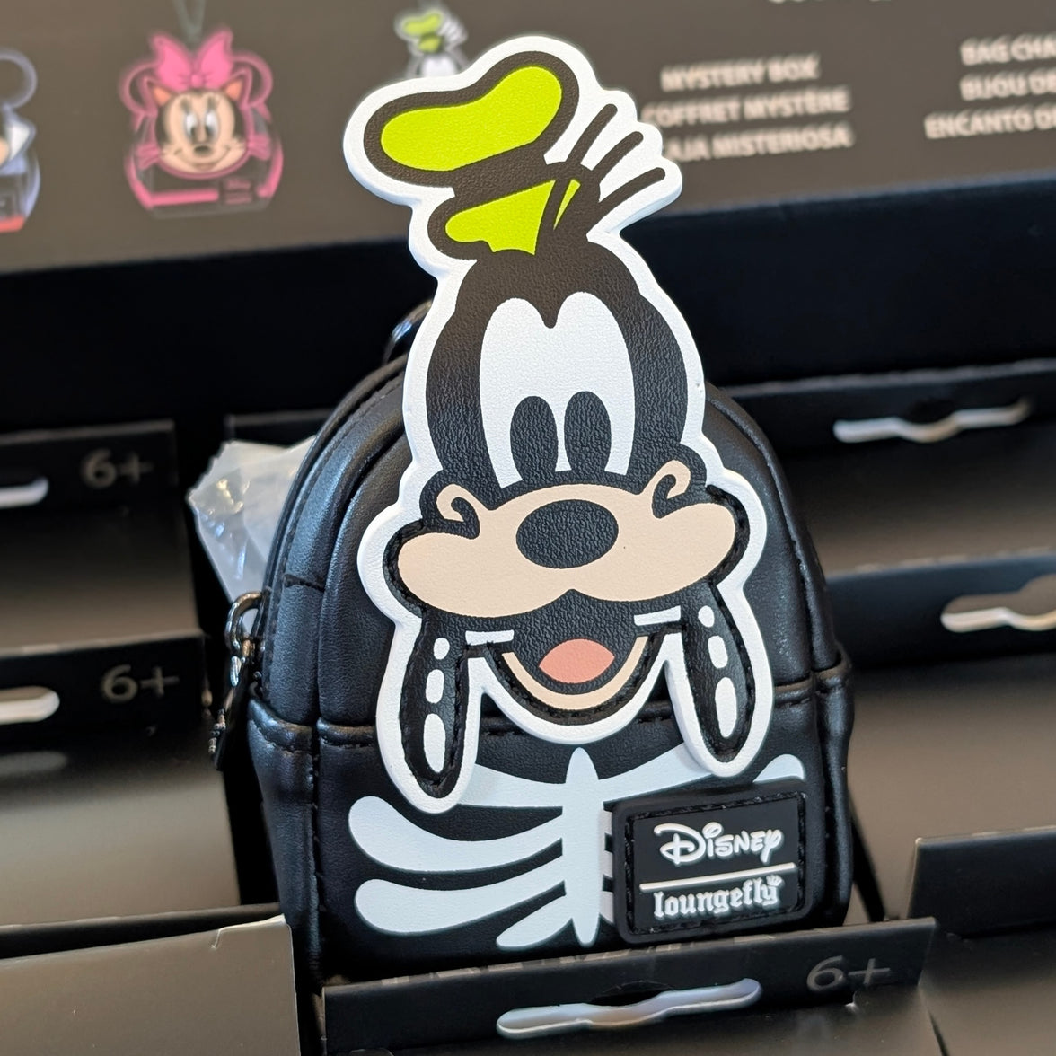 Skeleton Goofy mini backpack bag charm by Loungefly featuring a black skeleton design and Disney branding