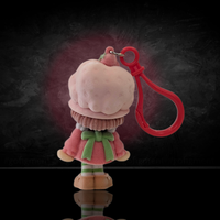 UCC World of Strawberry Shortcake soft flocked mini figure clip wearing pink coat with green bow and red plastic hook attachment