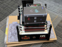 Miniature wrestling ring with black trunks, red ropes, and Expo Lucha logo on the apron in a display setting