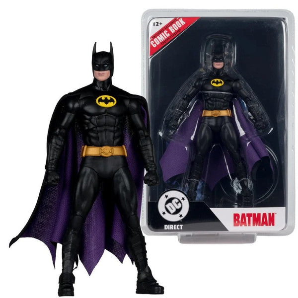 Batman action figure shown standing beside its retail blister packaging on a plain white background. The figure is primarily black with a purple cape and a yellow belt and chest logo.