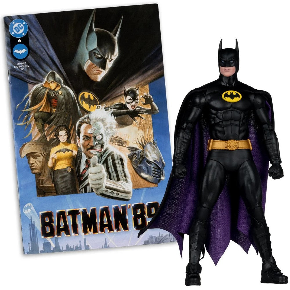 Batman - Page Punchers Wave 13 1:10 Scale 7” Action Figure McFarlane Toys standing next to Batman ’89 comic book cover.