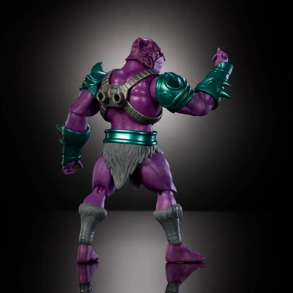 Mattel 6-inch Panthor-Man crossover figure in purple and teal armor posed on black reflective surface