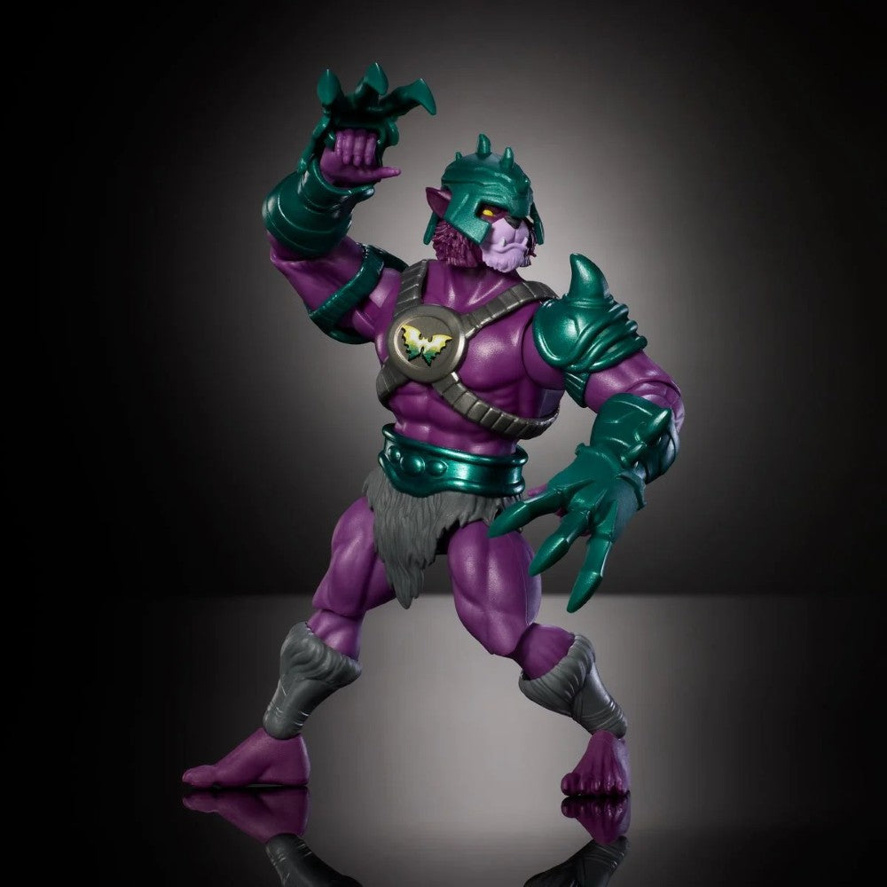 Mattel 6-inch Panthor-Man action figure in teal armor and purple skin striking dynamic pose on black background