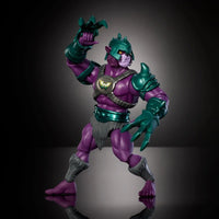 Mattel 6-inch Panthor-Man action figure in teal armor and purple skin striking dynamic pose on black background