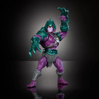 Mattel 6-inch Panthor-Man action figure with purple skin and green armor posed on dark reflective surface