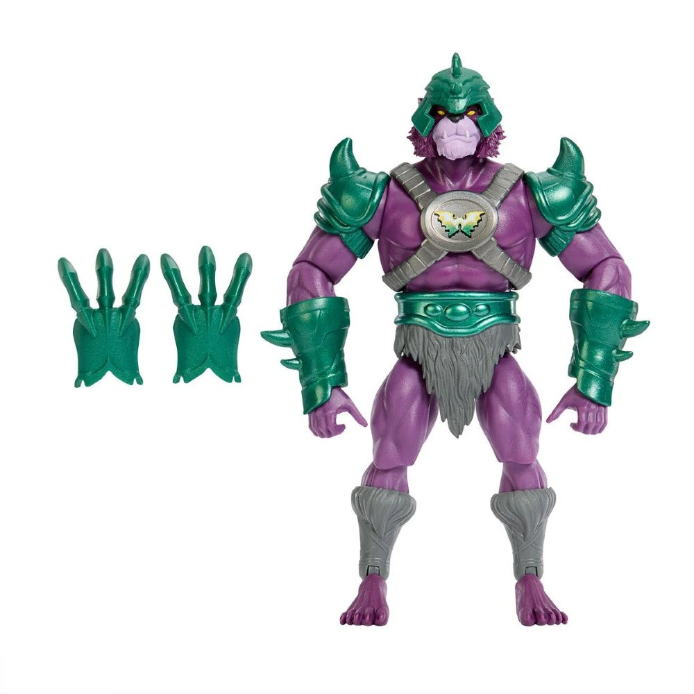 Mattel Panthor-Man action figure in green armor with purple skin and interchangeable clawed hands on white background