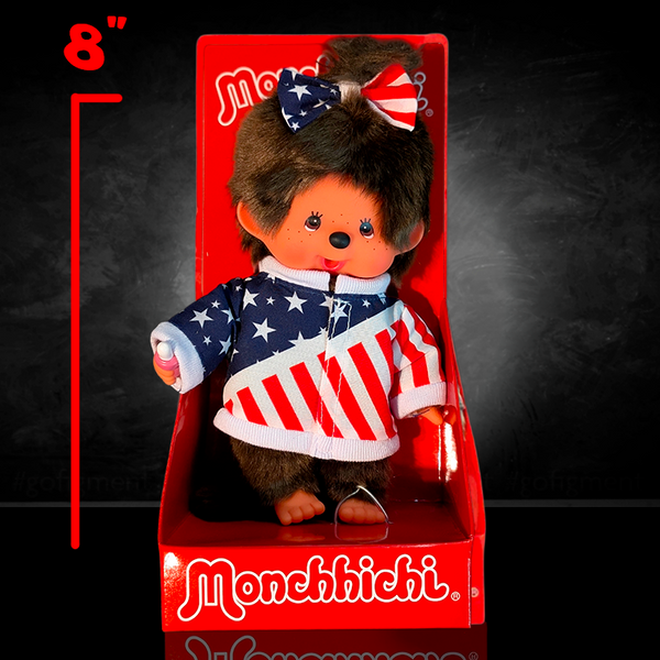 Sekiguchi Monchhichi Girl plush in patriotic stars and stripes outfit 8 inch collectible toy in packaging