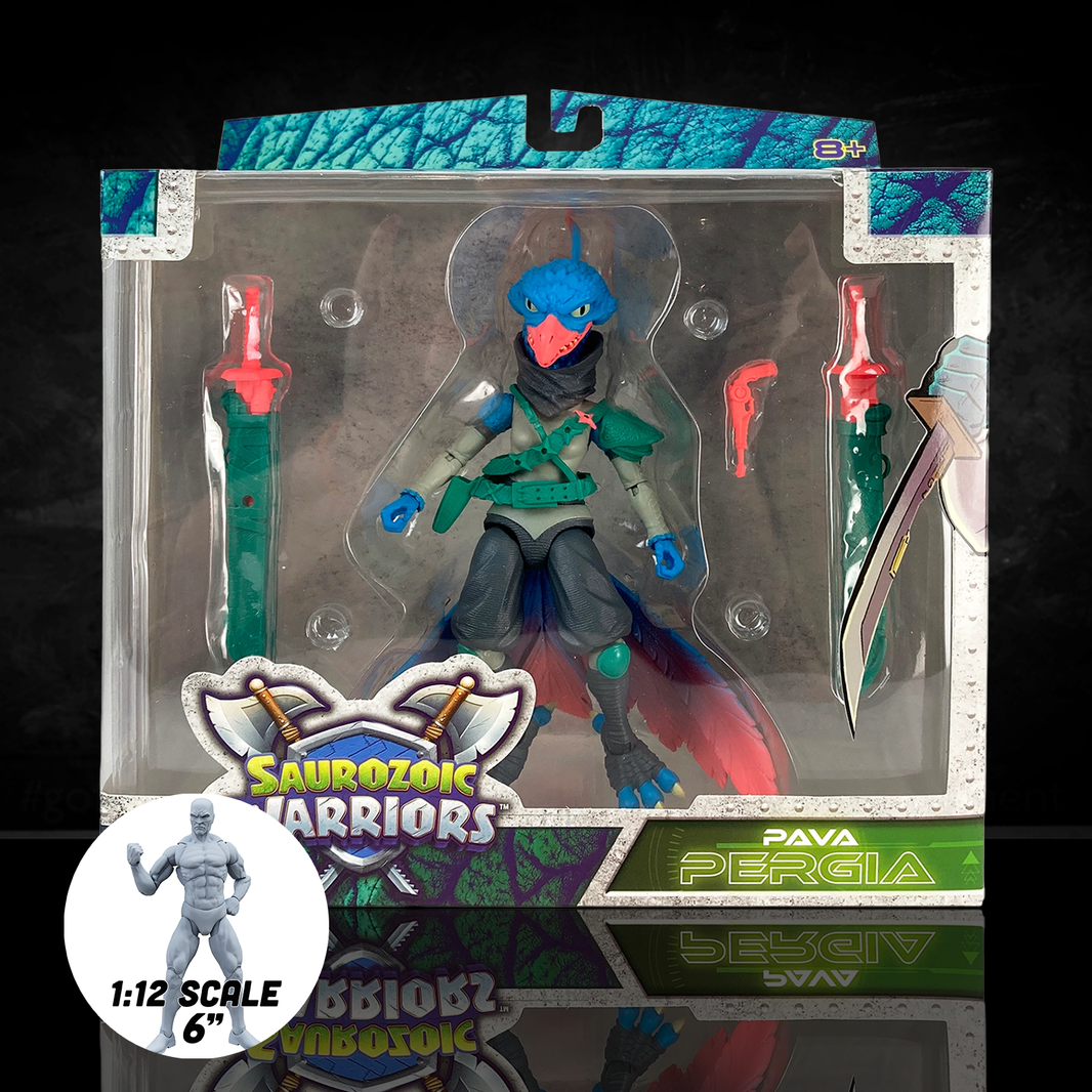 Pava Pergia Saurozoic Warriors action figure, a 6-inch scale Ninja Archaeopteryx. This feathered dinosaur warrior features teal and grey plumage, a black ninja mask, and holds two red tech-swords. 1:12 scale collectible from Boss Fight Studio