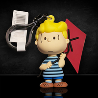Monogram Peanuts Schroeder 3D foam bag clip holding red kite wearing blue striped shirt and shorts
