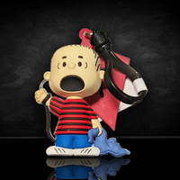 Monogram Linus bag clip holding blue blanket and red kite from Peanuts 75th Anniversary Series 3 collection