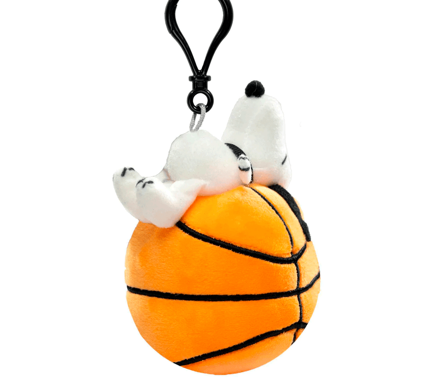 Go Figment plush keychain featuring Snoopy lying on a basketball from the Peanuts sports collection bag clip