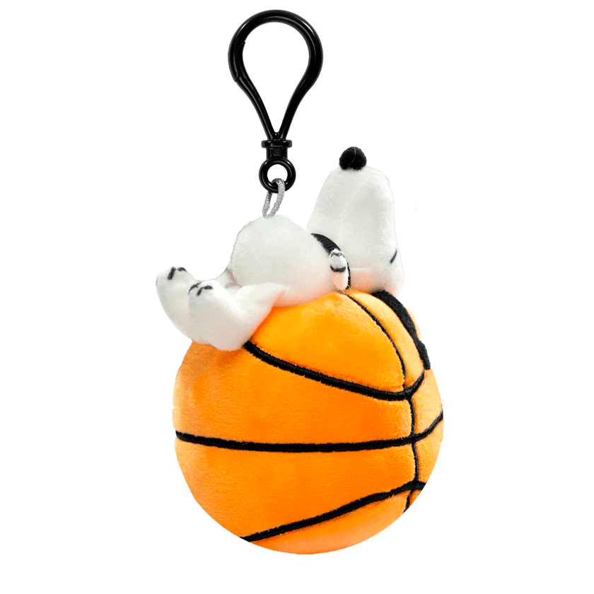 Go Figment plush keychain featuring Snoopy lying on a basketball from the Peanuts sports collection bag clip