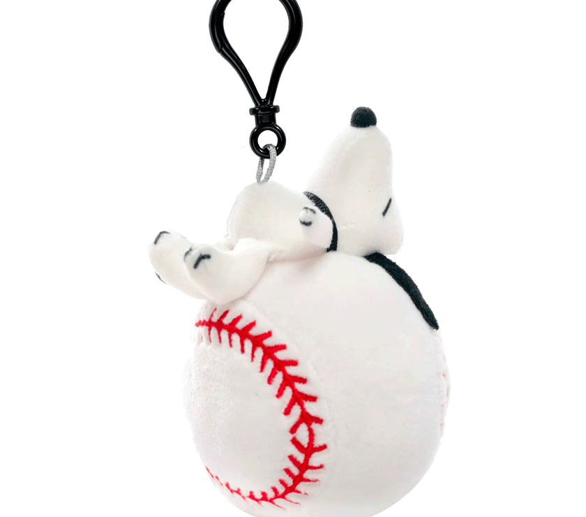 Go Figment plush keychain featuring Snoopy lying on a baseball with a black clip attachment