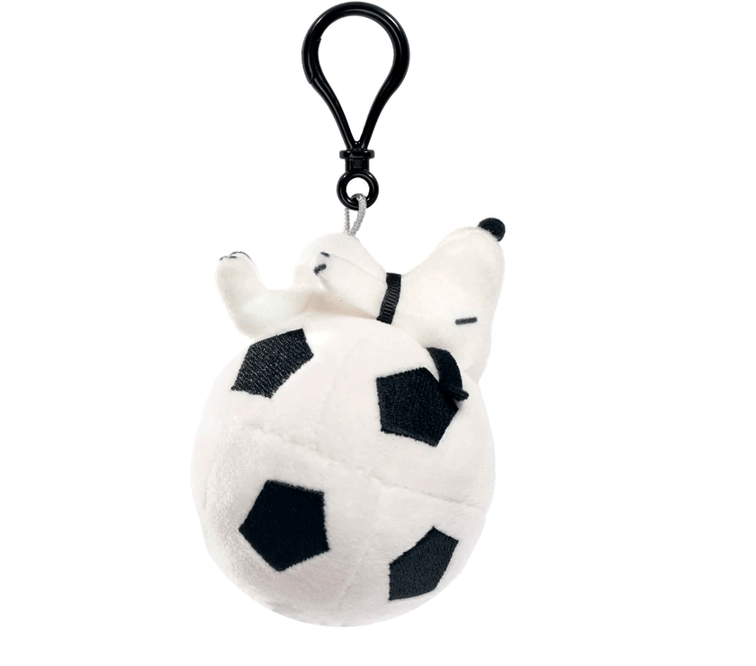 Go Figment Snoopy plush keychain in soccer ball design with black clip for bags or keys collection