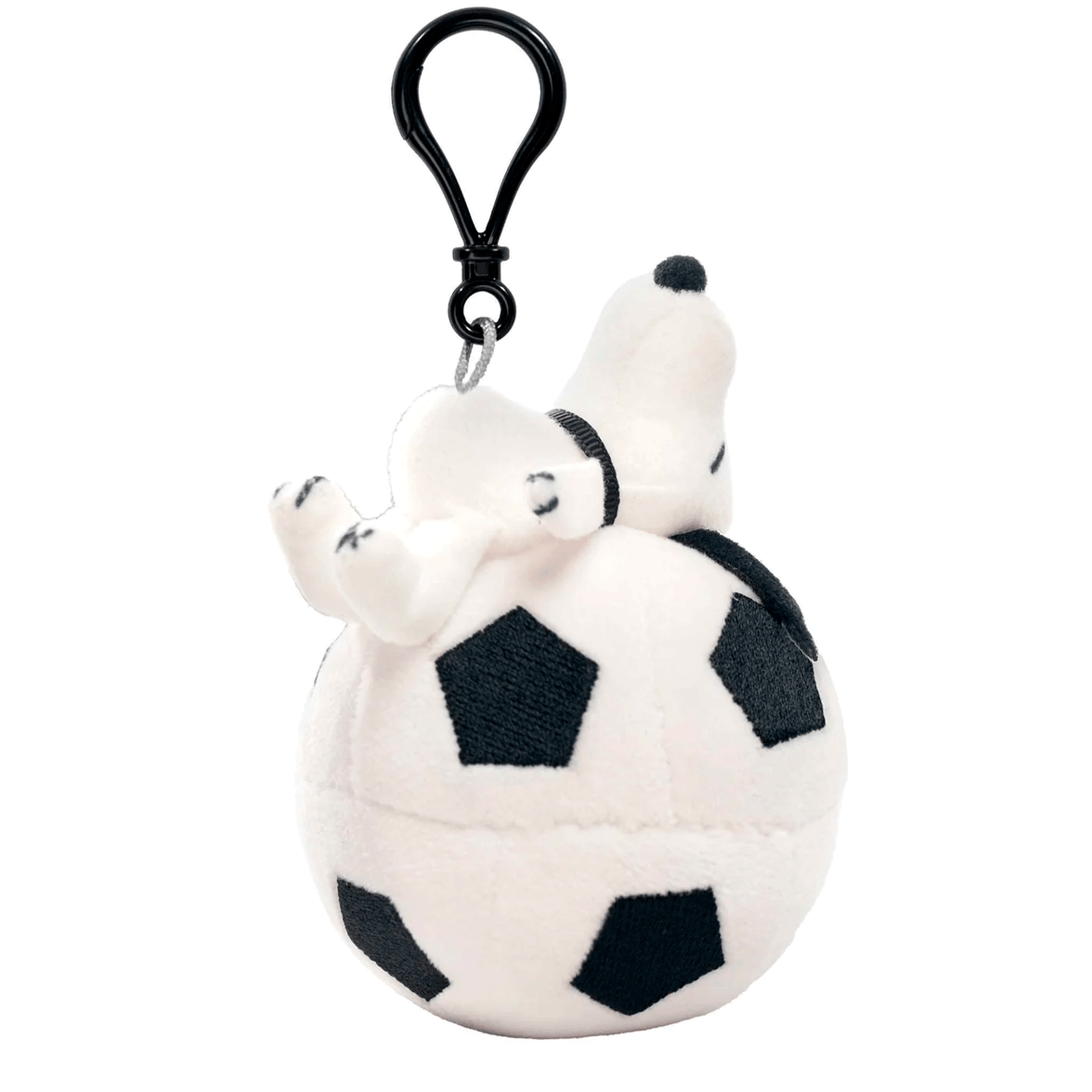 Go Figment plush Snoopy keychain lying on a soccer ball with a black clip attached above