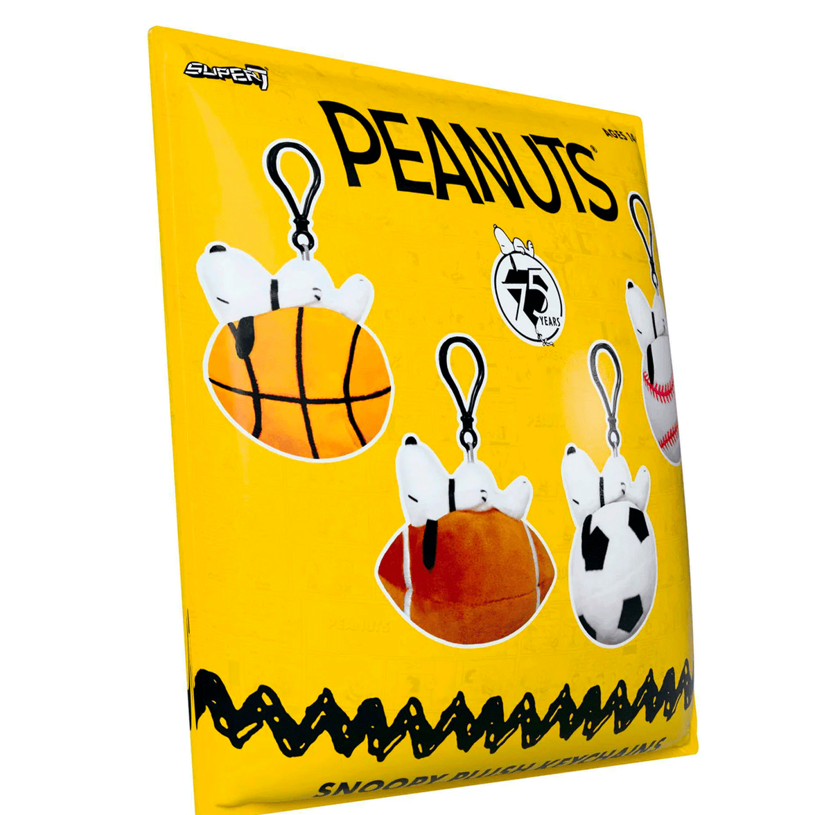 Go Figment Peanuts plush Snoopy keychain bag clips featuring basketball, football, soccer, and baseball designs