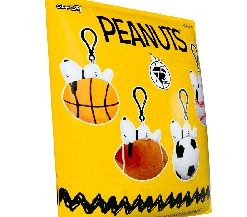 Go Figment Peanuts plush Snoopy keychain bag clips featuring basketball, football, soccer, and baseball designs