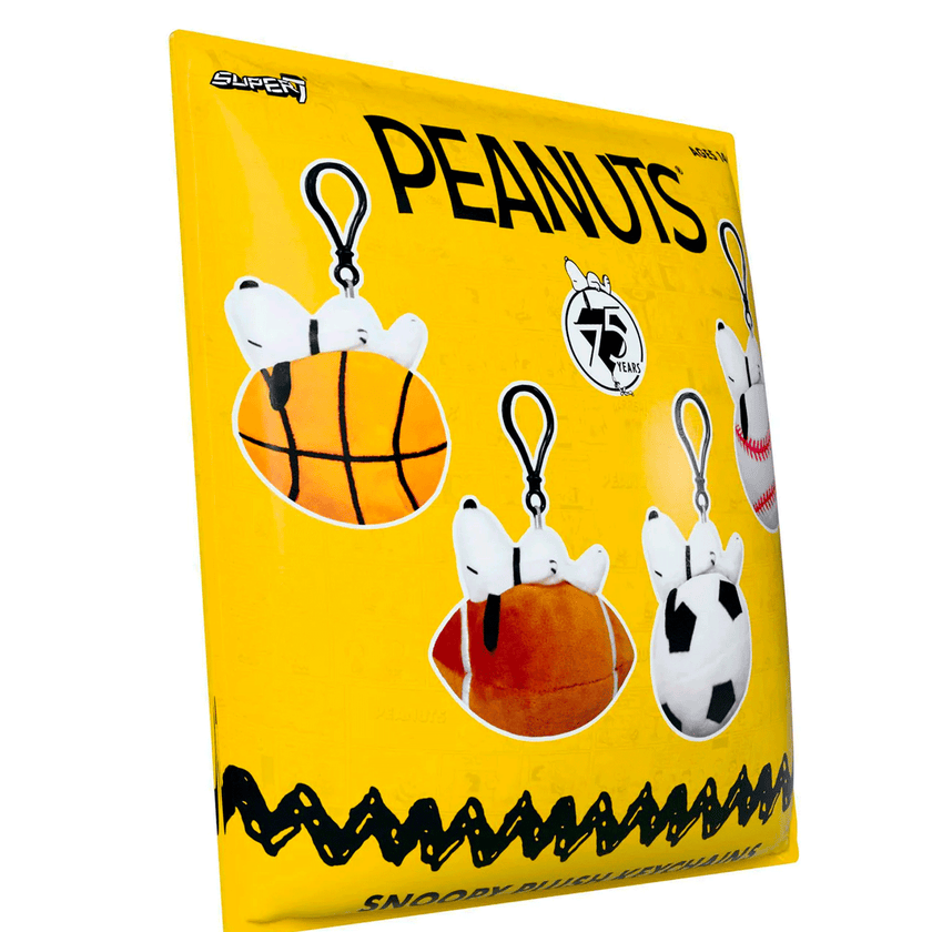Go Figment Peanuts plush Snoopy keychain bag clips featuring basketball, football, soccer, and baseball designs