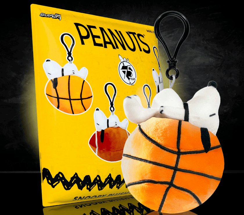 Go Figment Peanuts Snoopy plush keychain with basketball design and clip for bags or keys