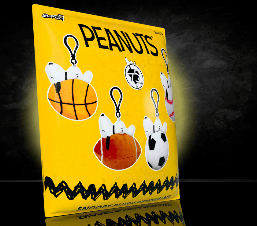 Go Figment Peanuts Super Duper Plush Keychain Bag Clip featuring Snoopy in various sports balls designs