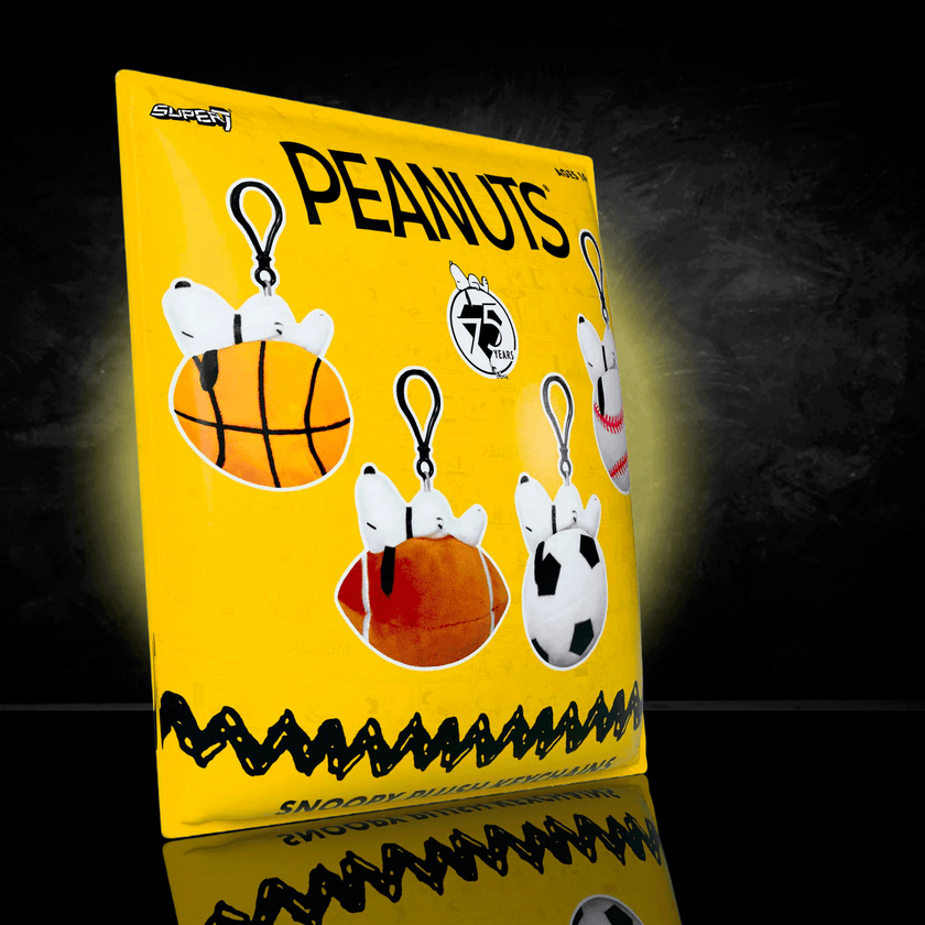 Go Figment Peanuts Super Duper Plush Keychain Bag Clip featuring Snoopy in various sports balls designs