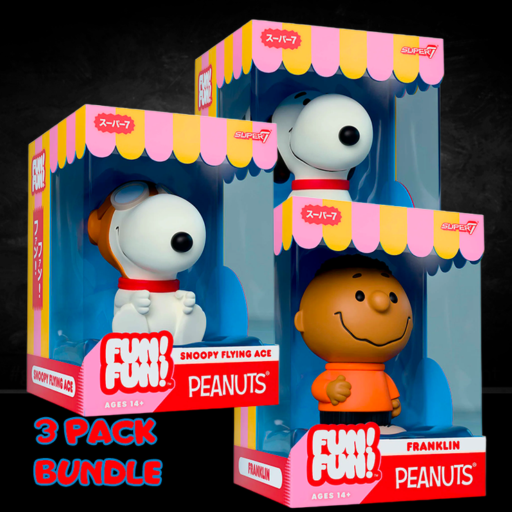 Funko Peanuts Fun Fun vinyl figures bundle featuring Snoopy as Flying Ace and Franklin characters in colorful packaging