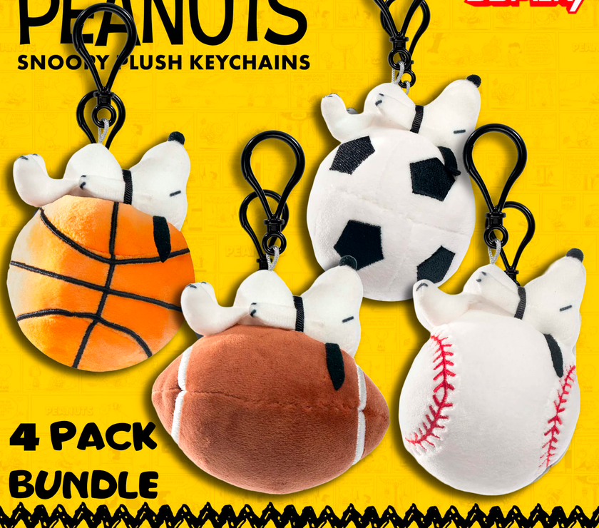 Go Figment Peanuts Snoopy plush keychain set with basketball, soccer, football, and baseball sports designs