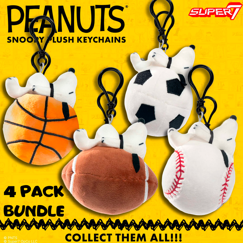 Go Figment Peanuts Snoopy plush keychain set with basketball, soccer, football, and baseball sports designs