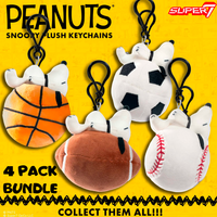 Go Figment Peanuts Snoopy plush keychain set with basketball, soccer, football, and baseball sports designs