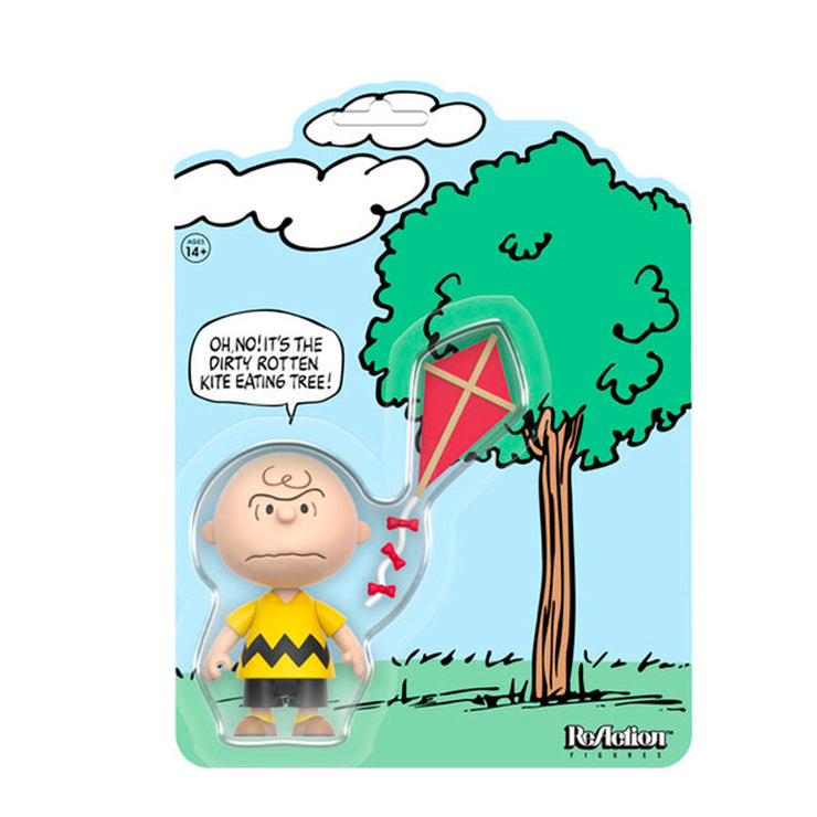 Super7 Charlie Brown ReAction Figure with kite and Kite-Eating Tree comic panel packaging display.
