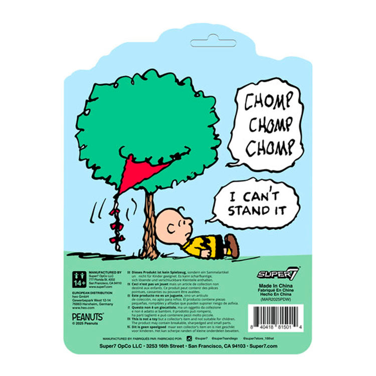 Super7 Peanuts Charlie Brown figure with Kite-Eating Tree comic panel background and kite in progress