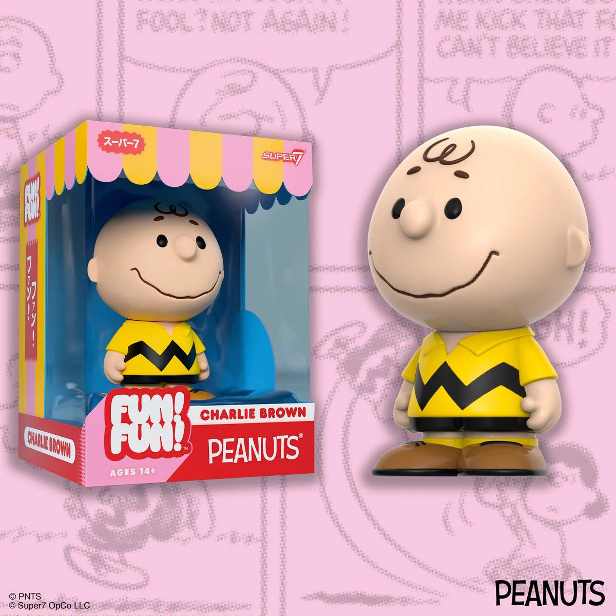 Peanuts Charlie Brown (Yellow Shirt) FUN! FUN! Vinyl Figure showing iconic character in yellow shirt with black zigzag design