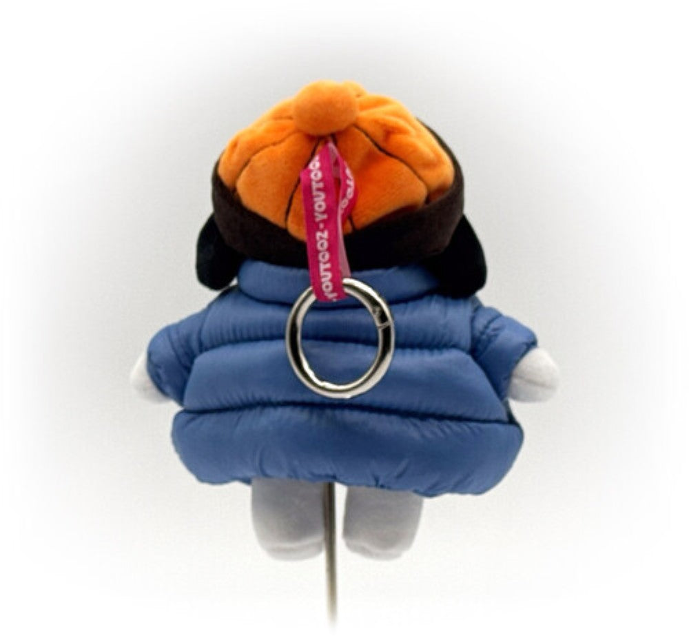 Plush keychain figure wearing a blue puffer coat, orange hat, black scarf, and silver ring<lemma