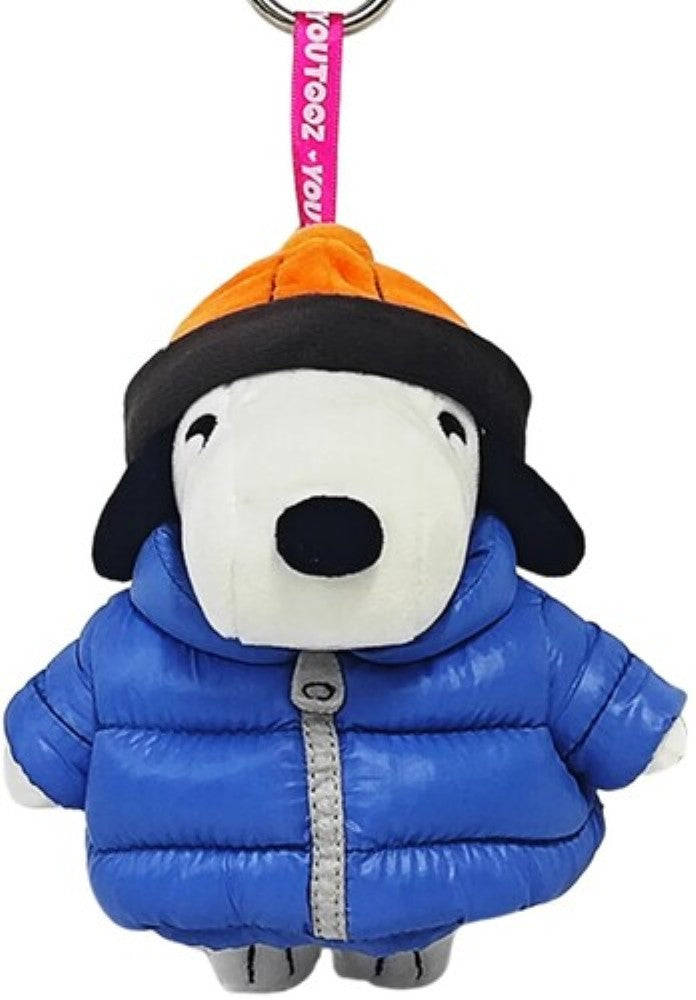 Plush dog wearing a blue puffer jacket and orange hat with a keychain loop