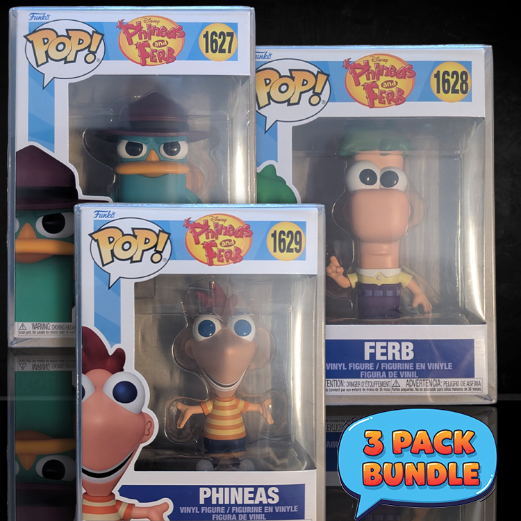 Three Funko Pop! figures in packaging with 'Phineas and Ferb' branding.