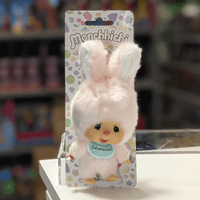 Sekiguchi 4-inch Monchhichi plush keychain wearing soft pink bunny outfit with blue bib labeled Chimutan on floral card