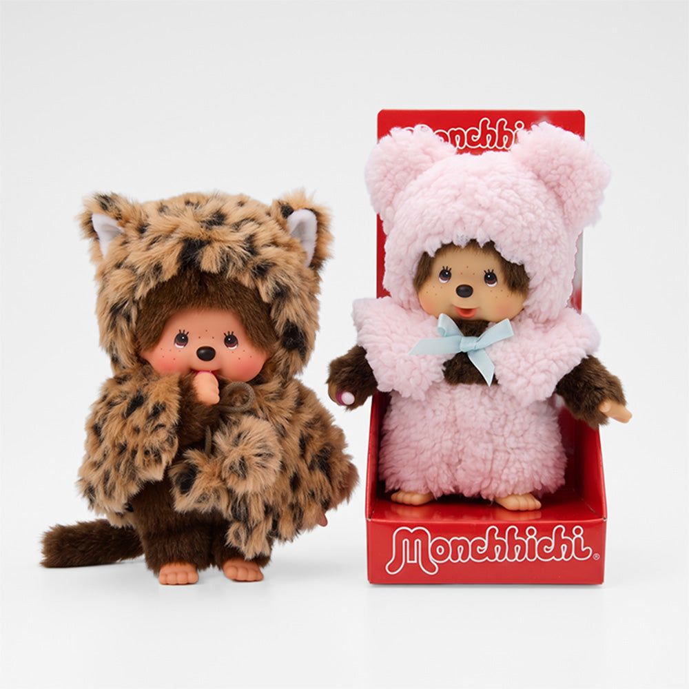 Monchhichi Girl Leopard Hood & Boy Pink Bear Cape Plush Set - Sekiguchi