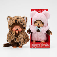Monchhichi Girl Leopard Hood & Boy Pink Bear Cape Plush Set - Sekiguchi