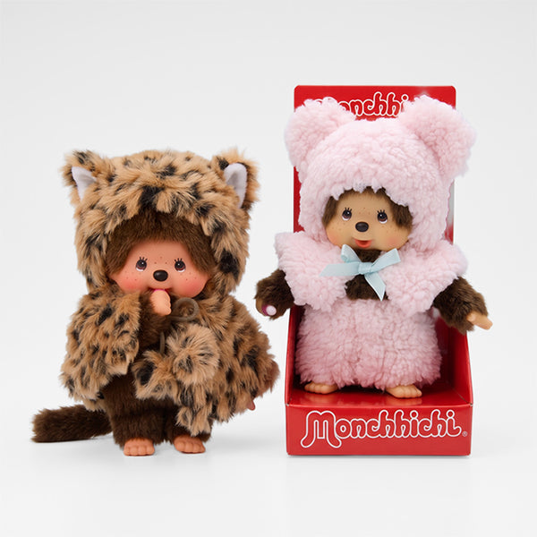 Monchhichi Girl Leopard Hood & Boy Pink Bear Cape Plush Set - Sekiguchi