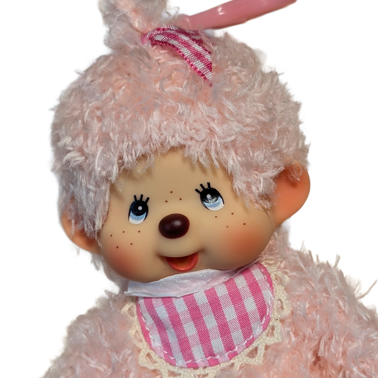 Sekiguchi Monchhichi pink fluffy plush mascot clip with blue eyes and gingham bib detail close-up view