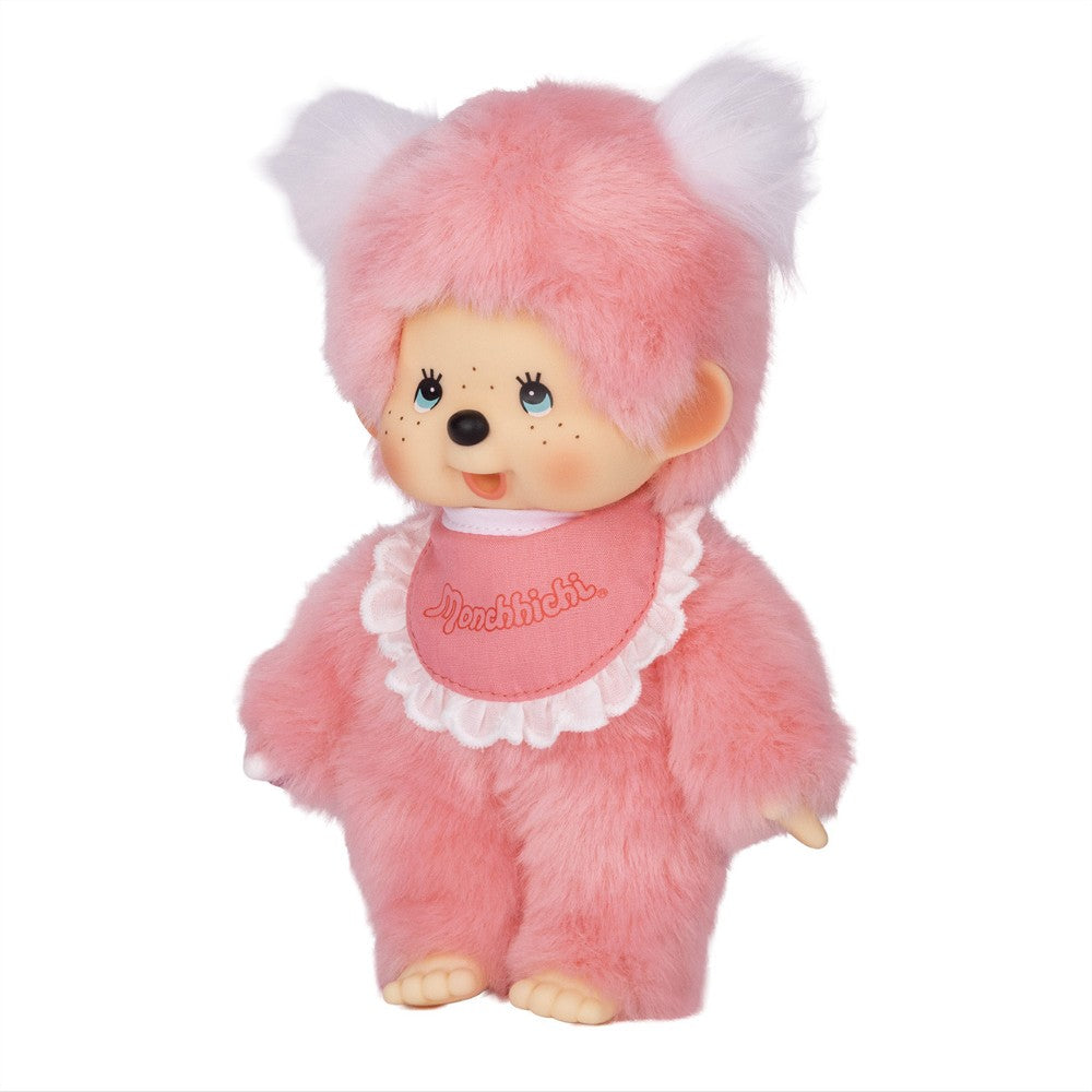 8" Monchhichi Pink Girl - in Pink Bib with White Pig Tails and Blue Eyes by Sekiguchi