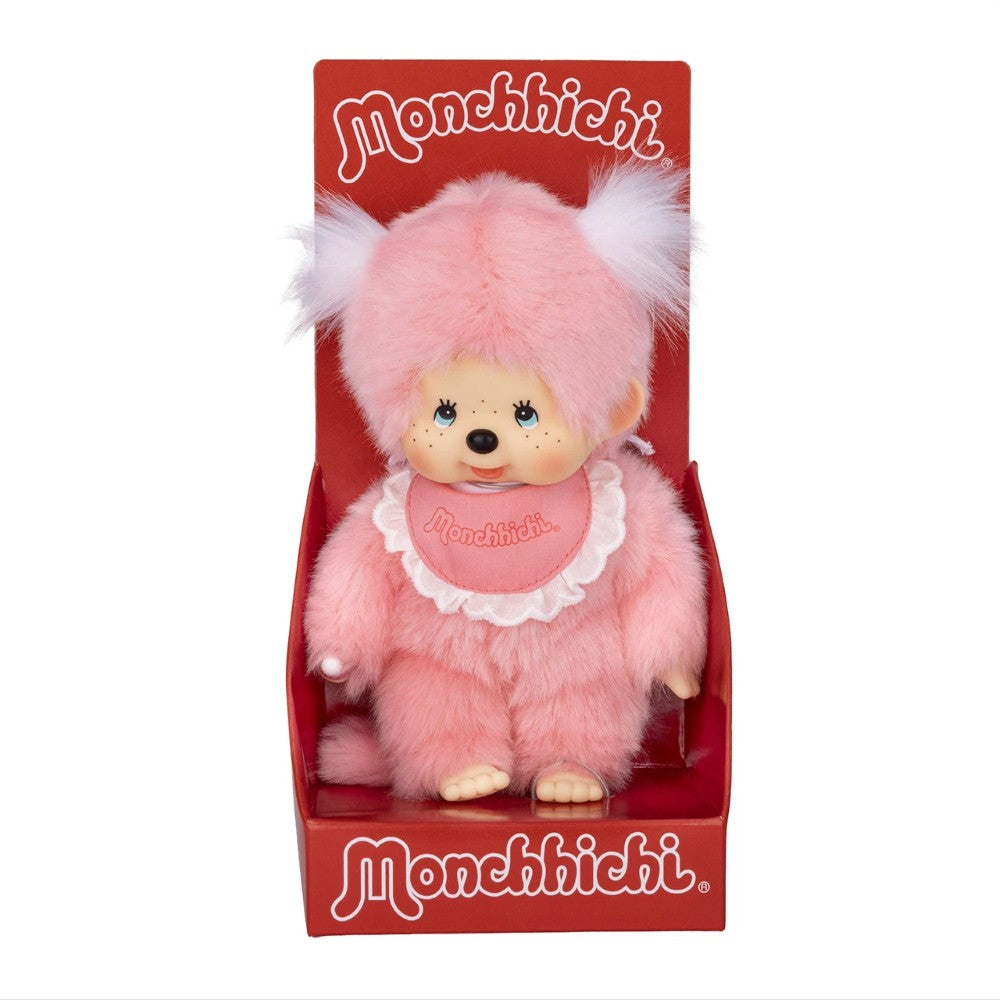 8" Monchhichi Pink Girl - in Pink Bib with White Pig Tails and Blue Eyes by Sekiguchi