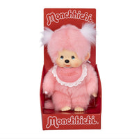 8" Monchhichi Pink Girl - in Pink Bib with White Pig Tails and Blue Eyes by Sekiguchi