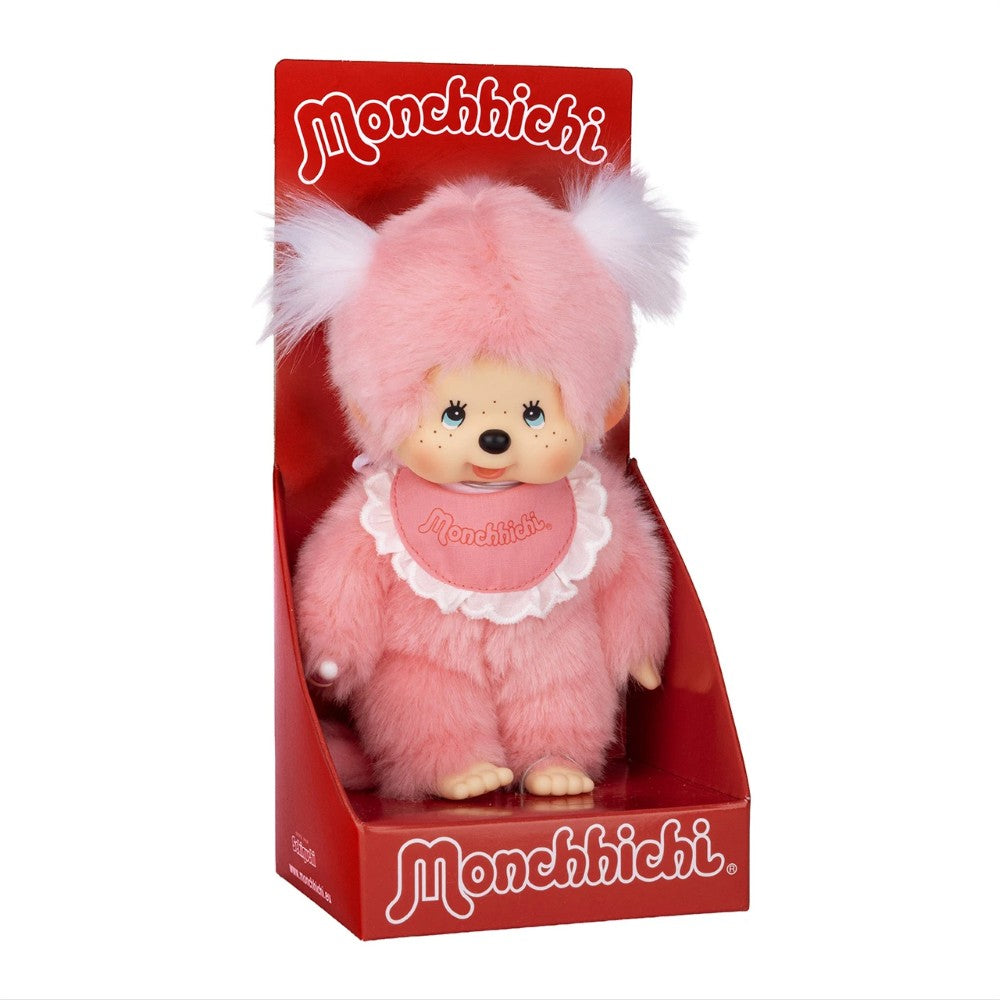 8" Monchhichi Pink Girl - in Pink Bib with White Pig Tails and Blue Eyes by Sekiguchi