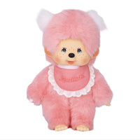 8" Monchhichi Pink Girl - in Pink Bib with White Pig Tails and Blue Eyes by Sekiguchi