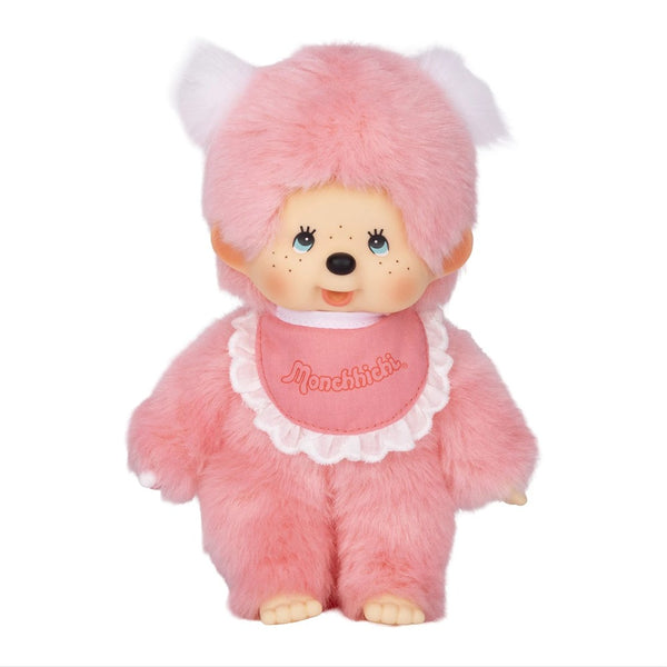 8" Monchhichi Pink Girl - in Pink Bib with White Pig Tails and Blue Eyes by Sekiguchi