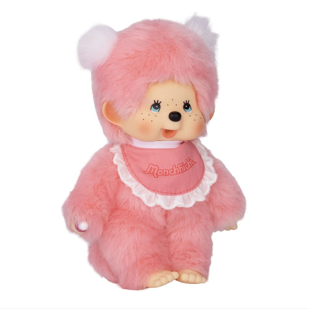 8" Monchhichi Pink Girl - in Pink Bib with White Pig Tails and Blue Eyes by Sekiguchi