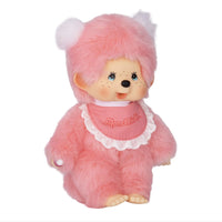 8" Monchhichi Pink Girl - in Pink Bib with White Pig Tails and Blue Eyes by Sekiguchi